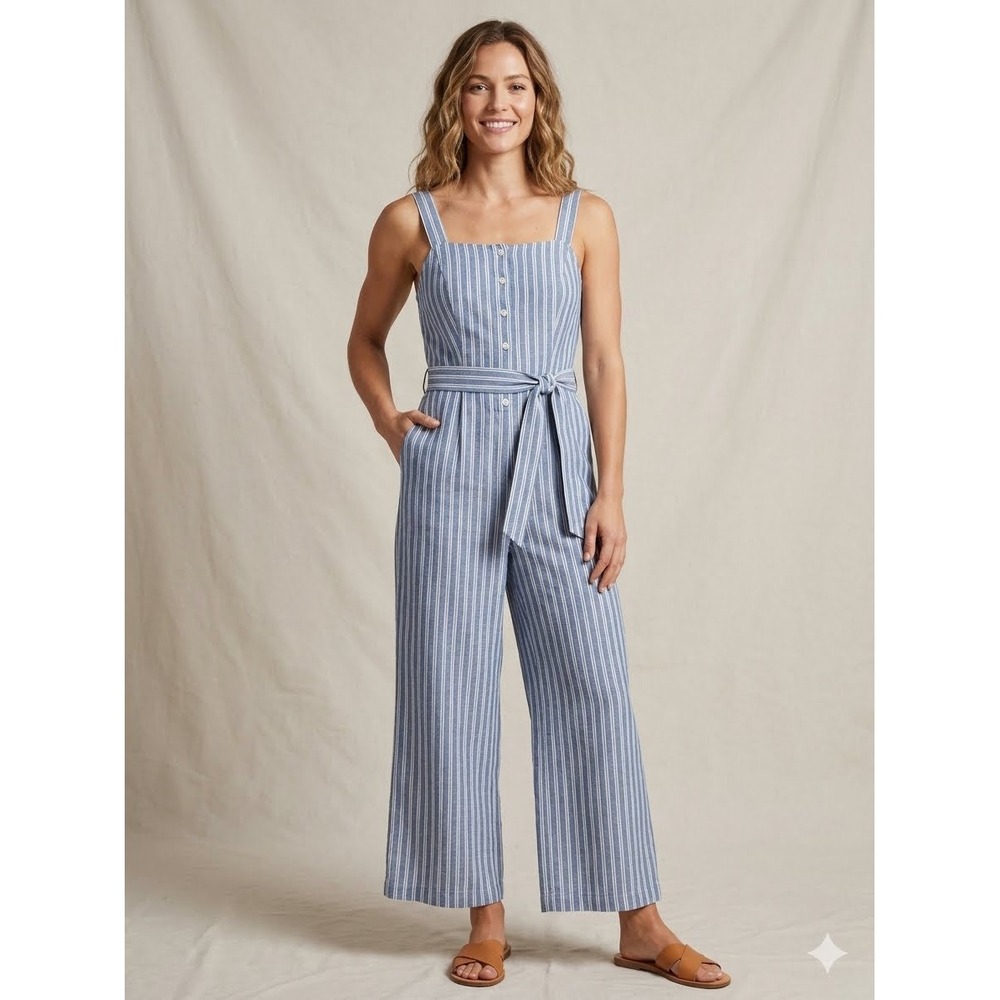 Dizzy Lizzy Blue White Striped Wide Leg Jumpsuit Large Smocked Back Cotton Lined
